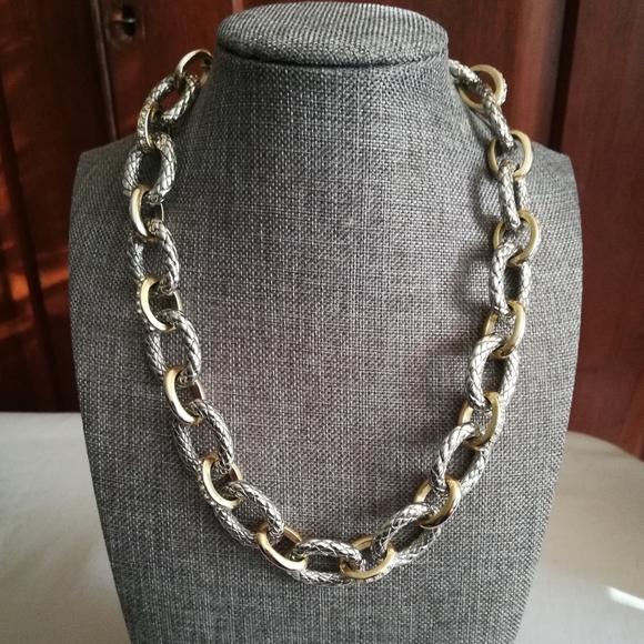 Silver & Gold Chain Necklace with Rhinestones - Picture 5 of 5